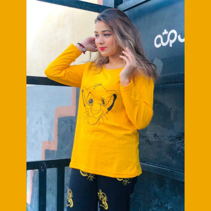 Yellow and Black SIMBA print T-shirt with Printed Pajama Full Sleeves Night Suit for her (RX-24)