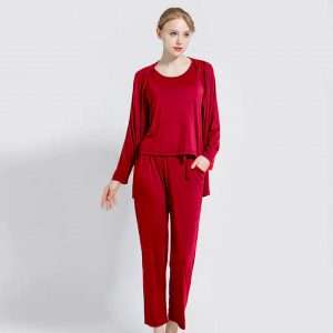 Plain Wine Red Three Pcs Full Sleeves Night Suit for her (RX-137)