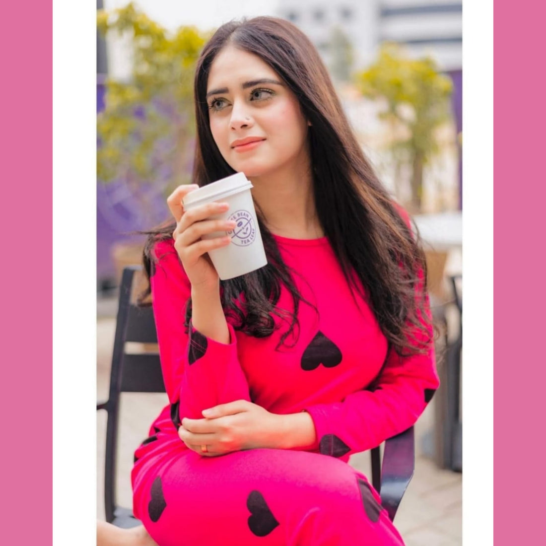 Shocking Pink With Black Big Heart print Full Sleeves Night Suit for her (RX-31)