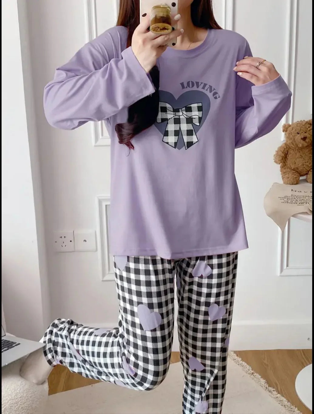 Lilac Loving with Check Ribbon Printed Full Sleeves PJ The Ultimate Dream Wear Sleep Suit (RX-331)
