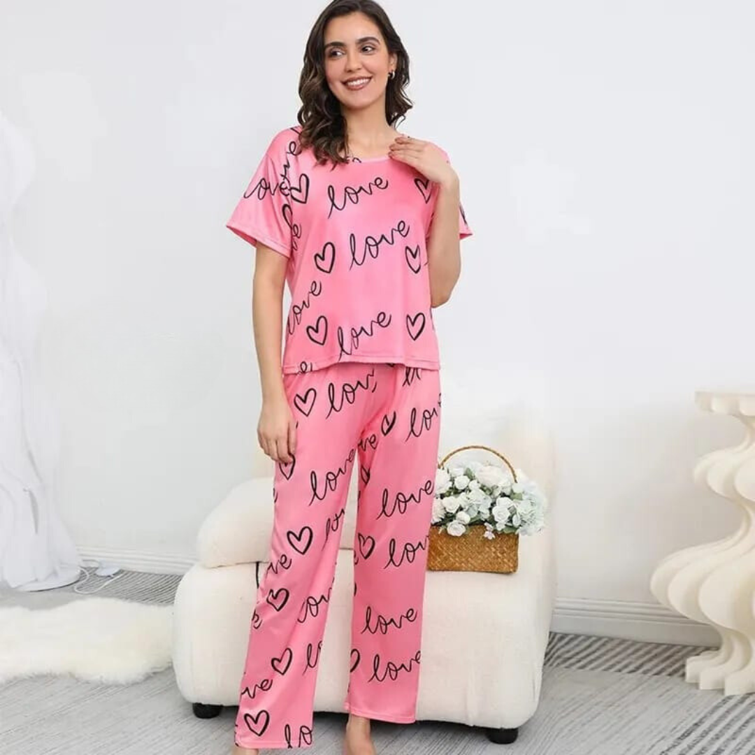 New Pink Love Print Half Sleeves T-shirt With Printed Trouser Suit (RX-47)