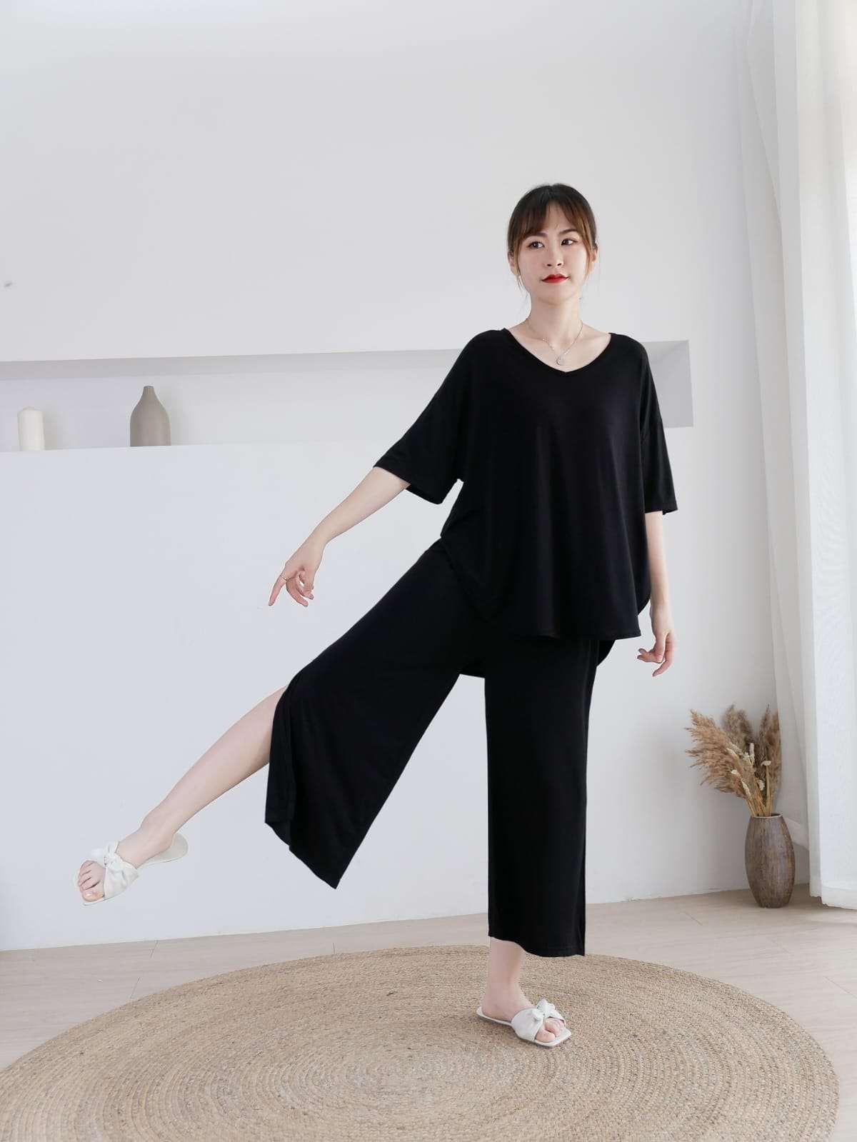 Plain Black V Neck Quarter Sleeves with Cut Style Pajama Night Suit for Her (RX-82)