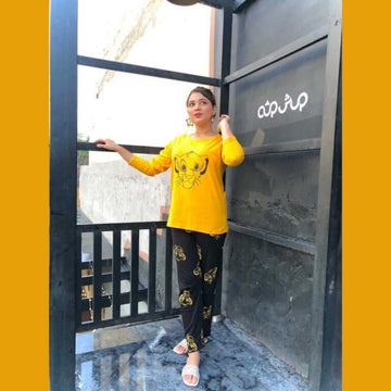 Yellow and Black SIMBA print T-shirt with Printed Pajama Full Sleeves Night Suit for her (RX-24)