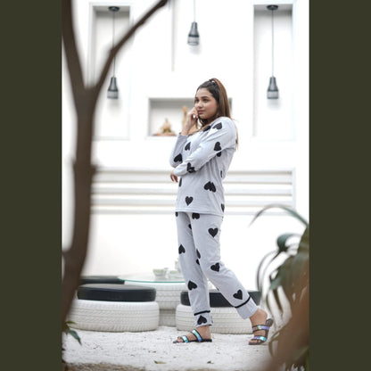 Grey with Black Big hearts print Full Sleeves Night Suit for her (RX-28)