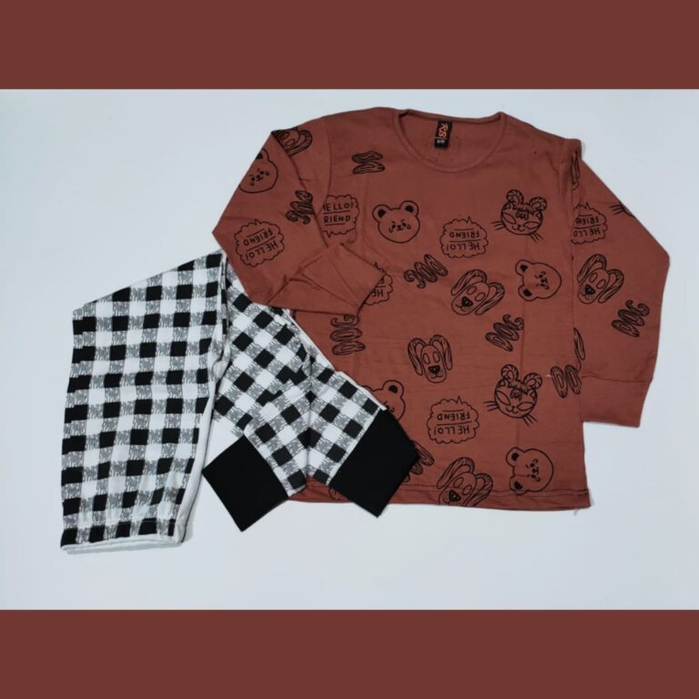 Baby or Baba Brown Dog with Check Pajama Print Full Sleeves Night Suit for Kids (1 Pcs) (RX-126)