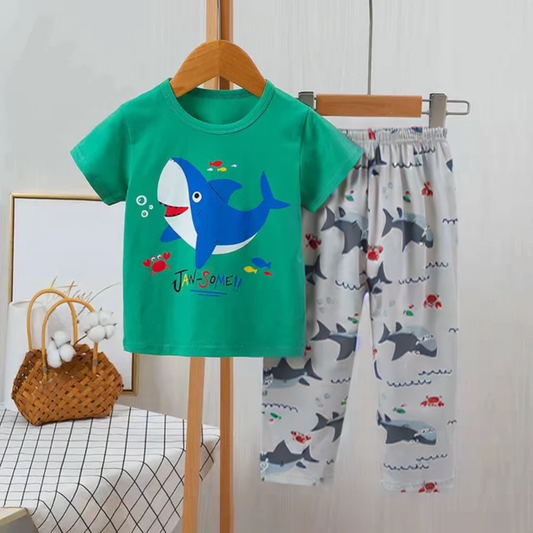 Baby Or Baba Green Shark Print Half Sleeves T-shirt With Printed Pajama Night Suit for Kids (1 Pcs) (RX-172)
