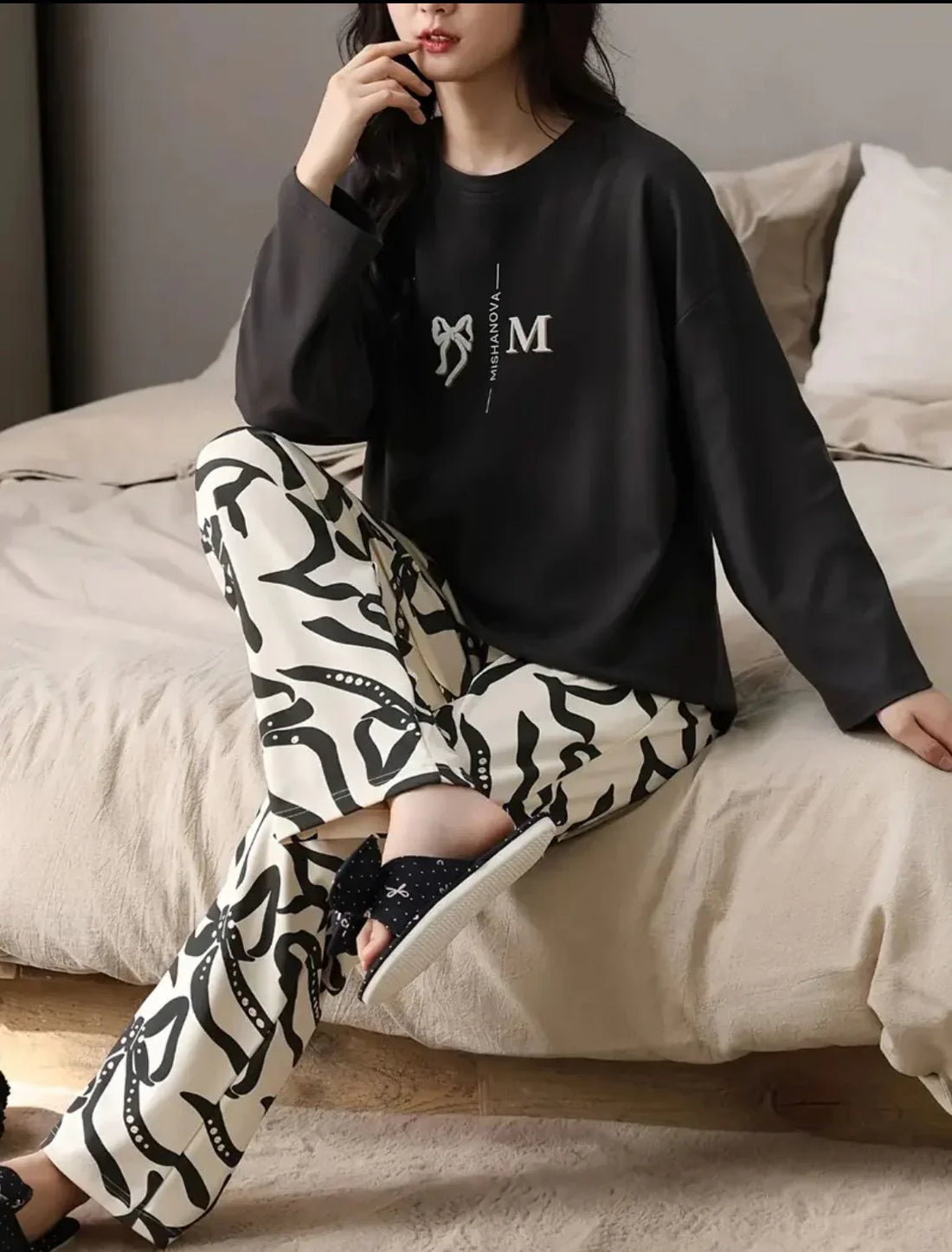 Black Ribbon Printed Full Sleeves Shirt with Off White Printed PJ The Ultimate Dream Wear Sleep Suit (RX-330)