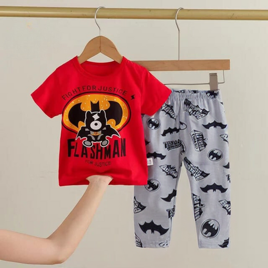 Baby Or Baba Red Bat Printed Print Half Sleeves T-shirt With Printed Pajama Night Suit for Kids (1 Pcs) (RX-173)