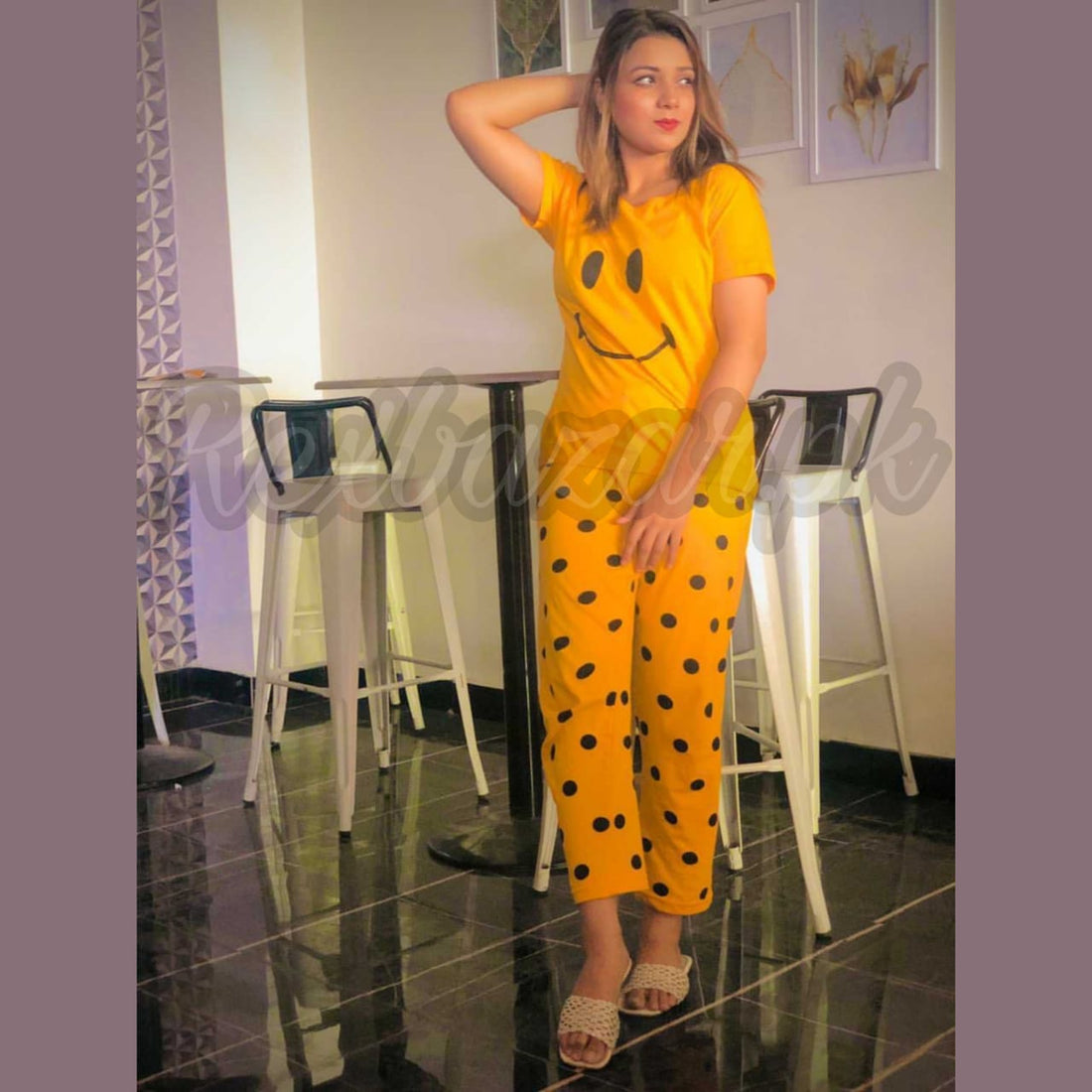 Yellow Smile with Dotted Printed Pajama Half Sleeves Night Suit for her (RX-17)