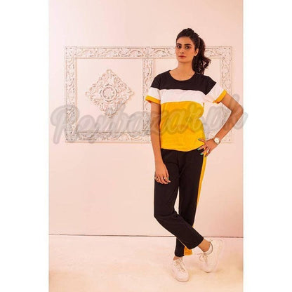 Yellow Straight Panel Half Sleeves T Shirt with Panel Pajama Suit for Her (RX-141)