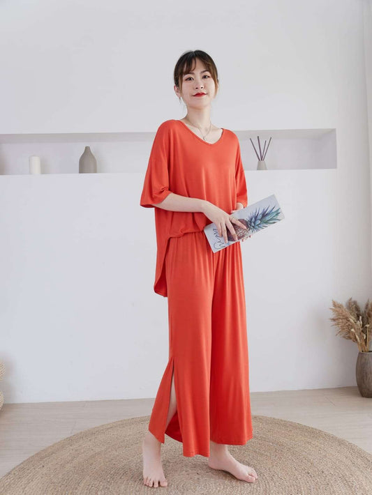 Orange V Neck Quarter Sleeves with Cut Style Pajama Night Suit for Her (RX-84)