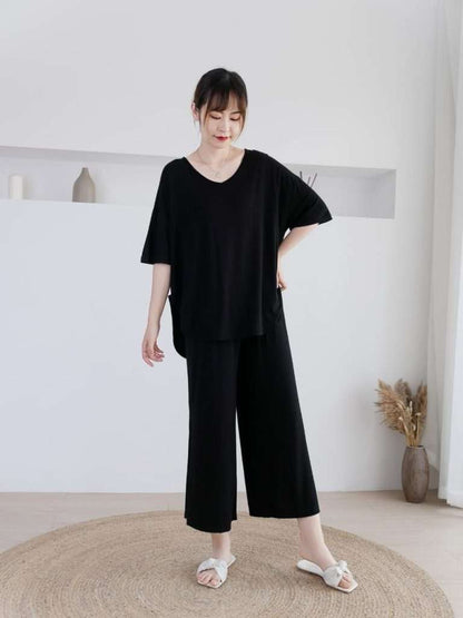 Plain Black V Neck Quarter Sleeves with Cut Style Pajama Night Suit for Her (RX-82)