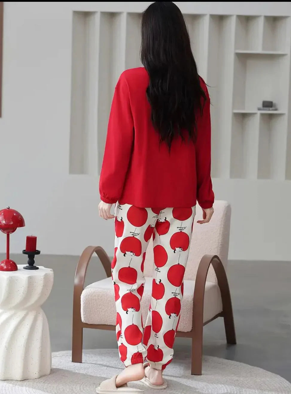 Red Hello Tuesday Printed Full Sleeves Pj The Ultimate Dream Wear Sleep Suit (RX-333)