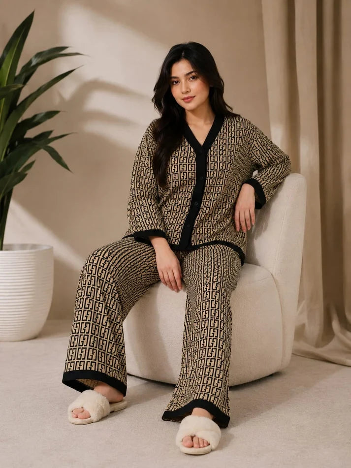 Signature Monogram Printed button style night suit For her (RX-521)