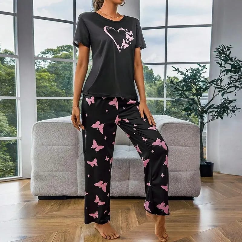 Black With Butterflies Heart Printed T-shirt And Butterflies Printed Trouser Suit (RX-151)