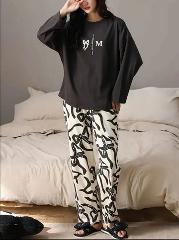 Black Ribbon Printed Full Sleeves Shirt with Off White Printed PJ The Ultimate Dream Wear Sleep Suit (RX-330)