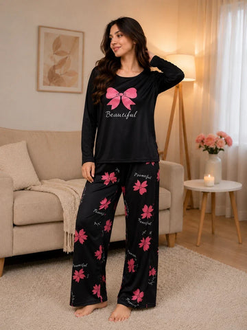 Black Pink Ribbon Bow & Bloom Full Sleeves PJ Set The Ultimate Dream Wear Sleep Suit (RX-529)