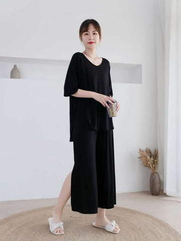 Plain Black V Neck Quarter Sleeves with Cut Style Pajama Night Suit for Her (RX-82)