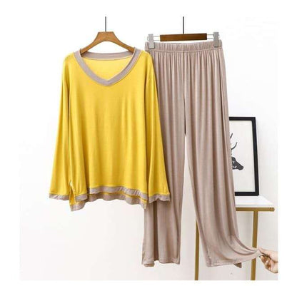 Plain Yellow with Skin V Neck with Skin Contrast Palazzo Pajama Full Sleeves Night Suit for Her (RX-75)