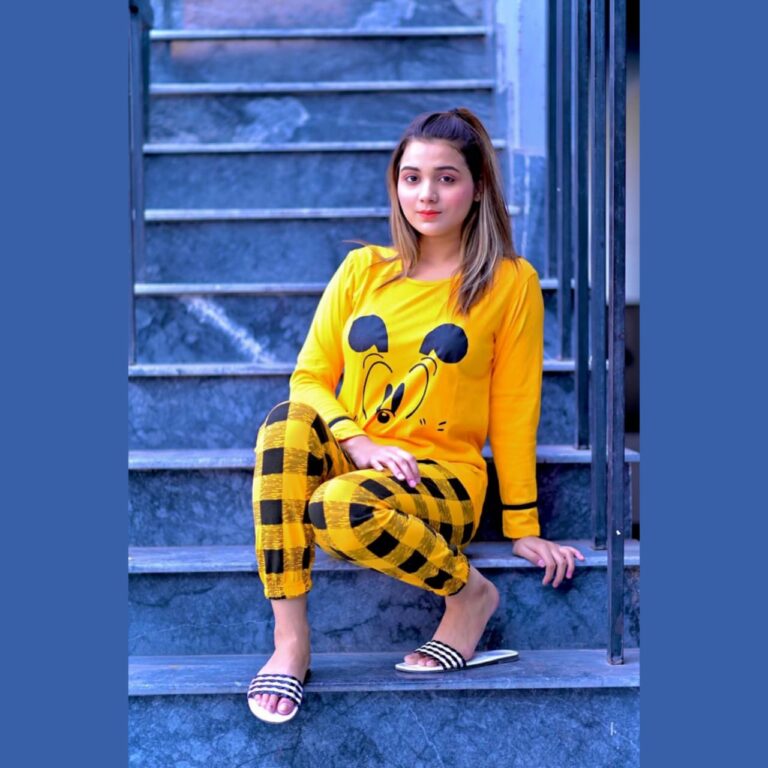 Yellow Mickey Mouse with Check Style Pajama Full Sleeves Night Suit for her (RX-34)