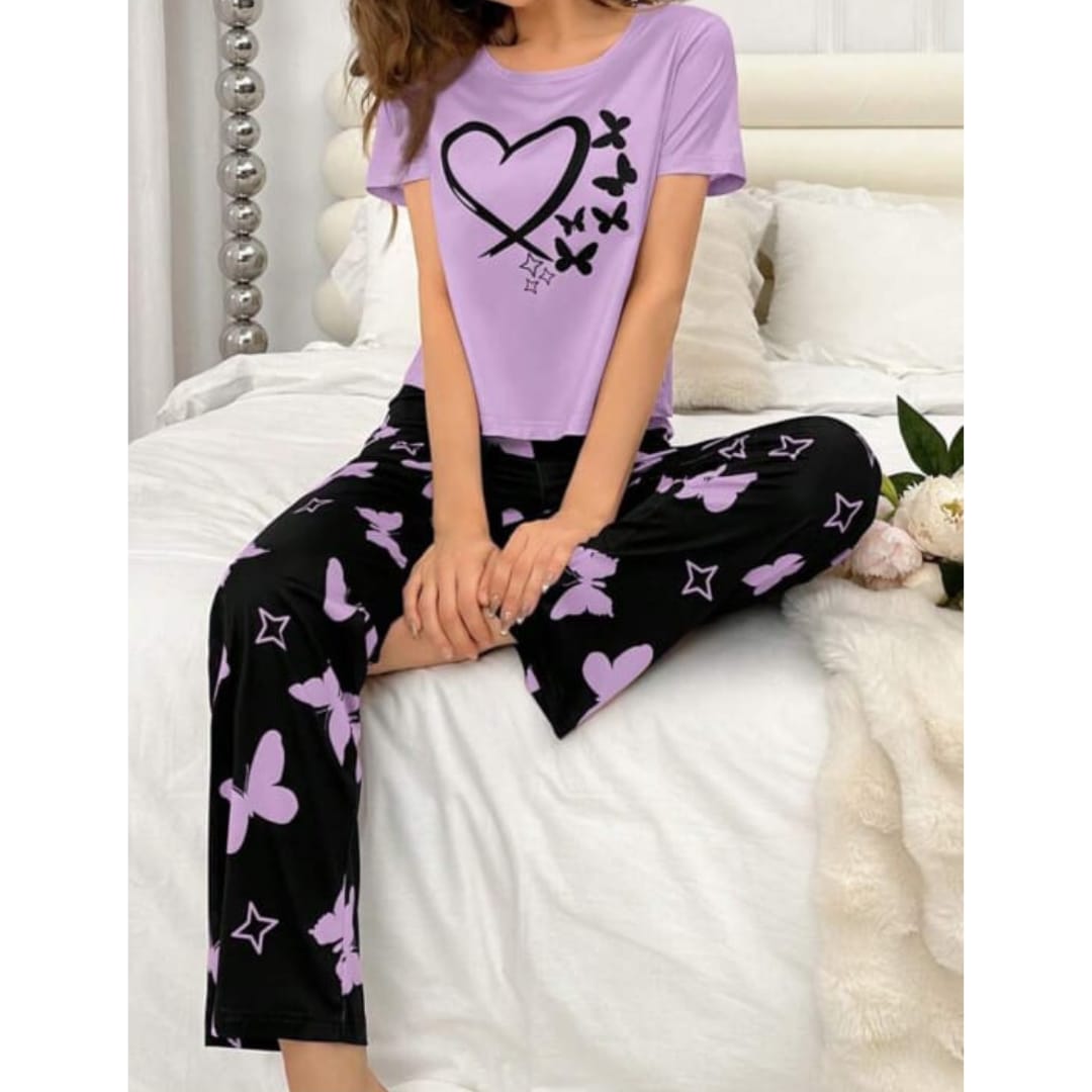 Purple With Black Butterflies Heart Printed T-shirt And Butterflies Printed Trouser Suit (RX-184)