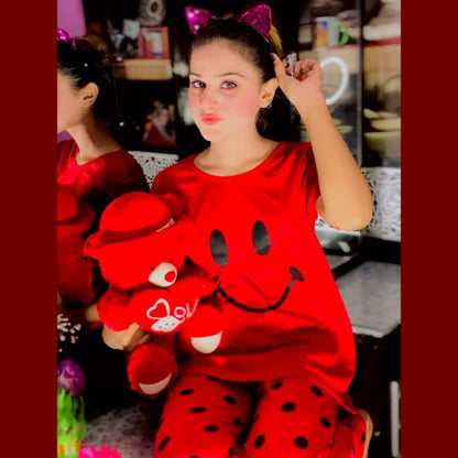 Red Smile with Dotted Style Pajama Half Sleeves Night Suit for her (RX-23)