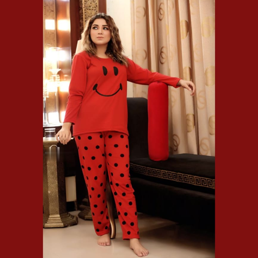 Red Smile with Dotted Style Pajama Full Sleeves Night Suit for her (RX-20)