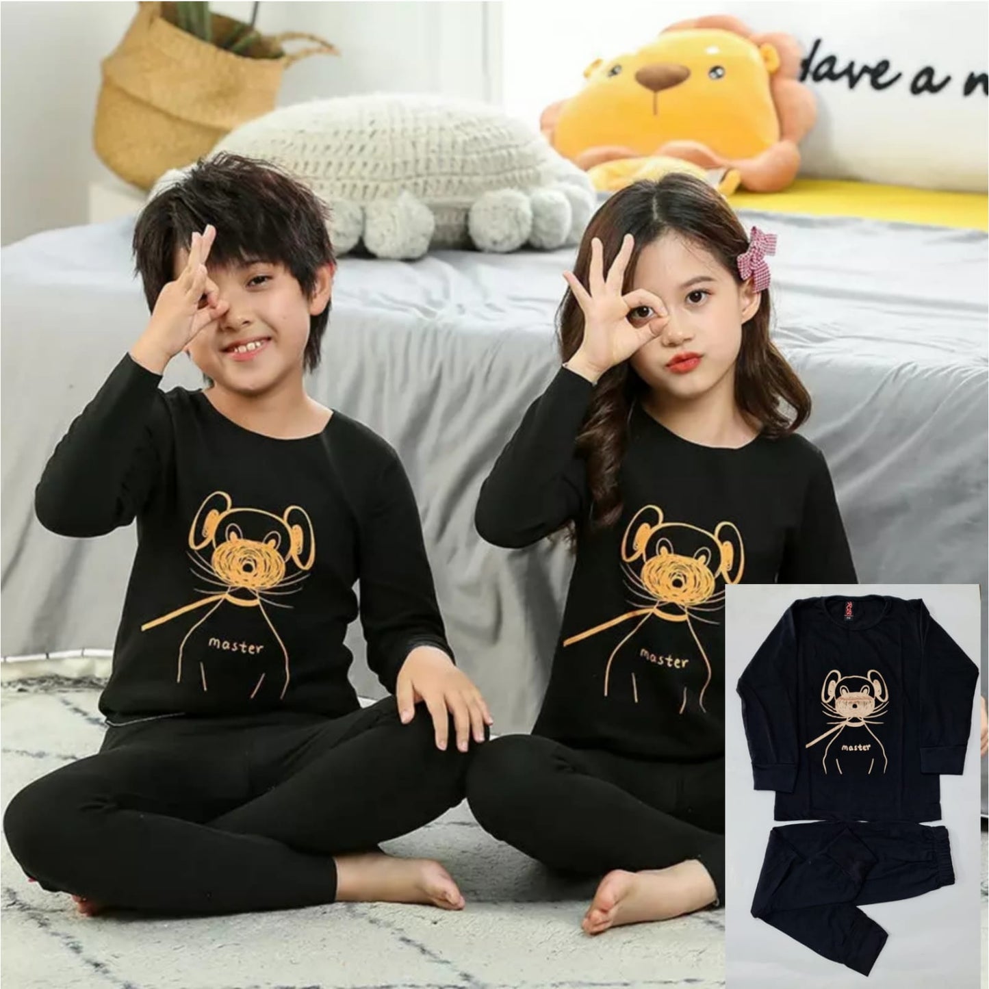 Baby or Baba Black Mouse Print Full Sleeves Night Suit for Kids (1 Pcs) (RX-118)