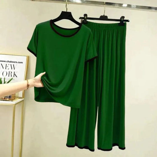 Green With Black Pipin Neck And Sleeves Half Sleeves Suit (RX-159)