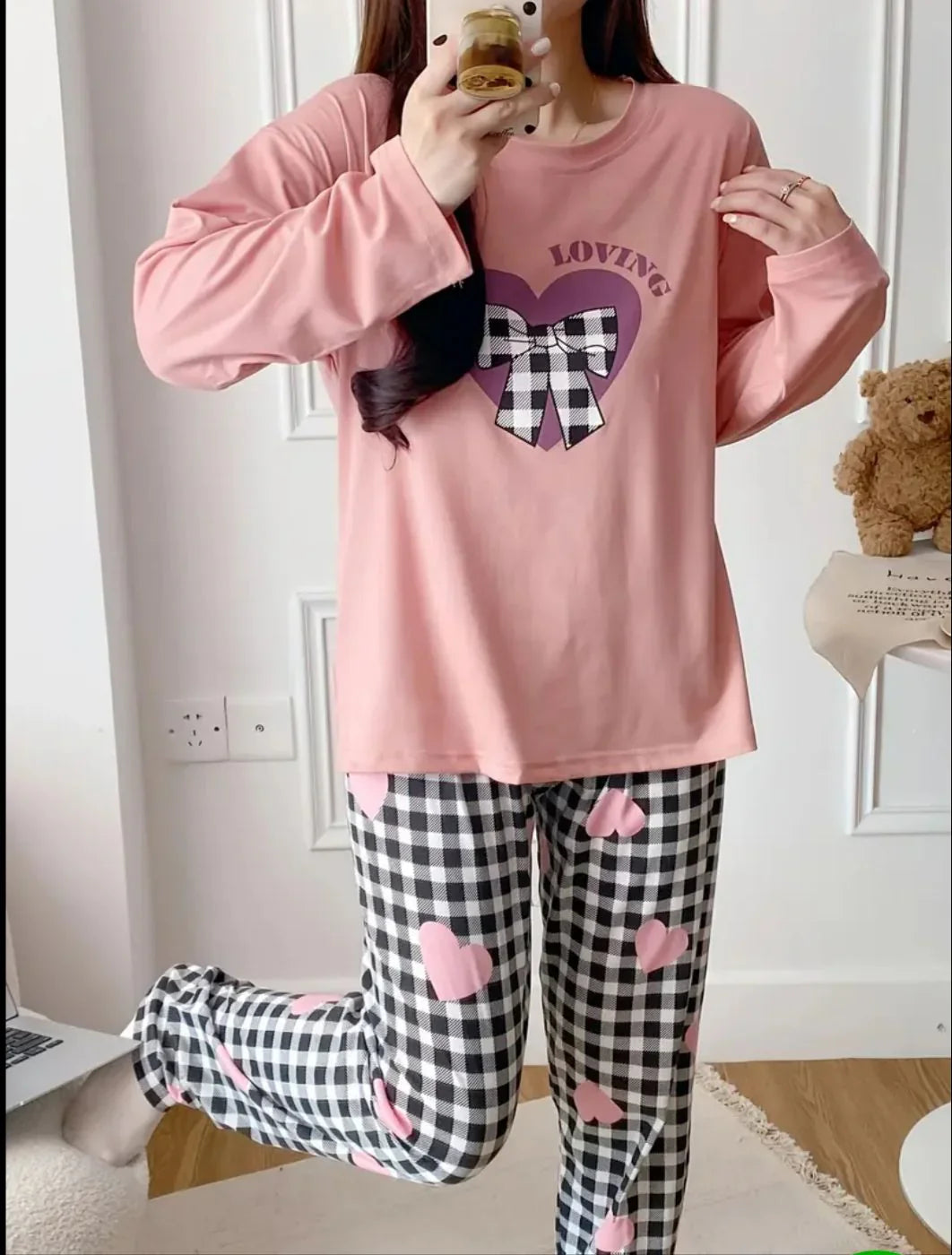 Baby Pink Loving with Check Ribbon Printed Full Sleeves PJ The Ultimate Dream Wear Sleep Suit(RX-332)