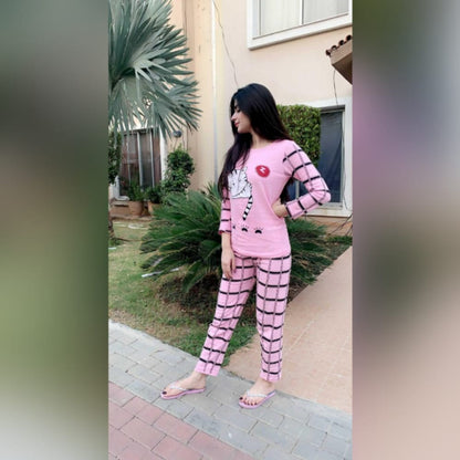 Pink Sleeping Cat print Full Sleeves Night Suit for Her (RX-11)