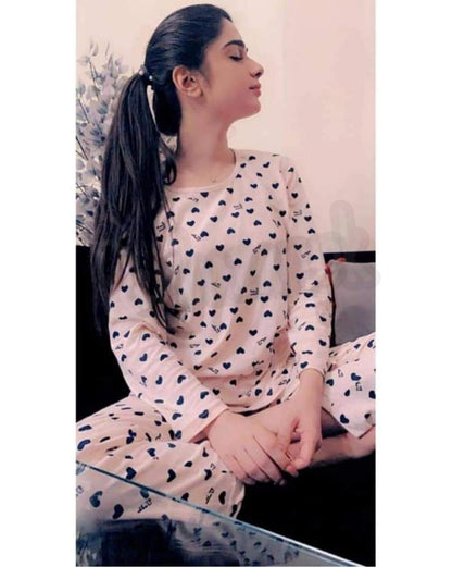 Pink with Small Black Hearts print Full Sleeves Night Suit for Her (RX-15)