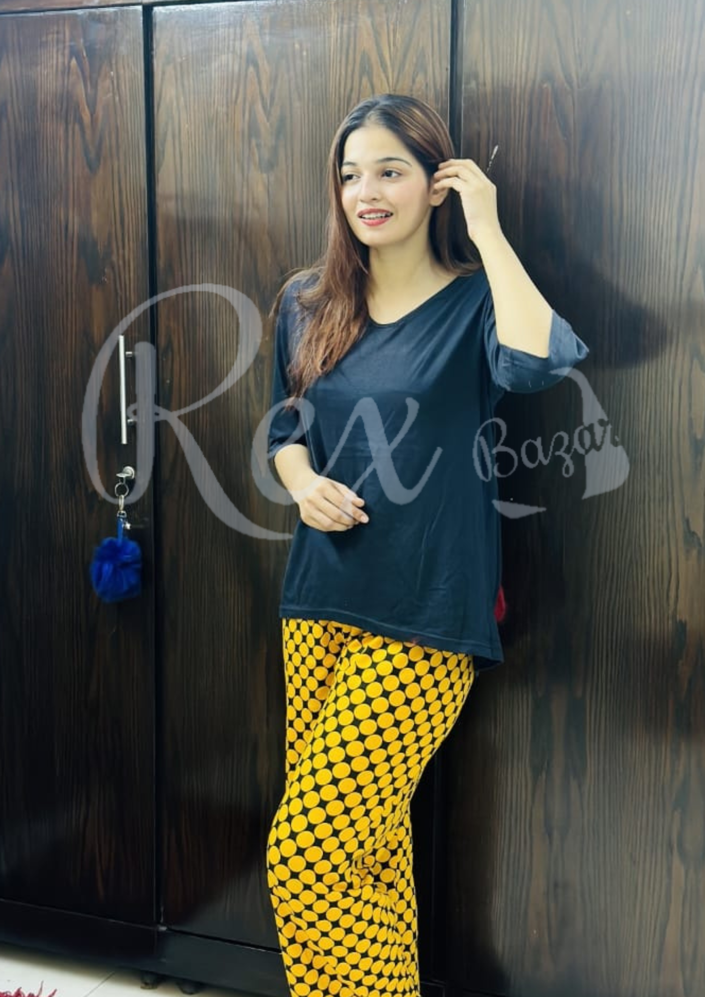 Black V Neck With Yellow Black Dotted Plazzo Pajama Suit (RX-103)