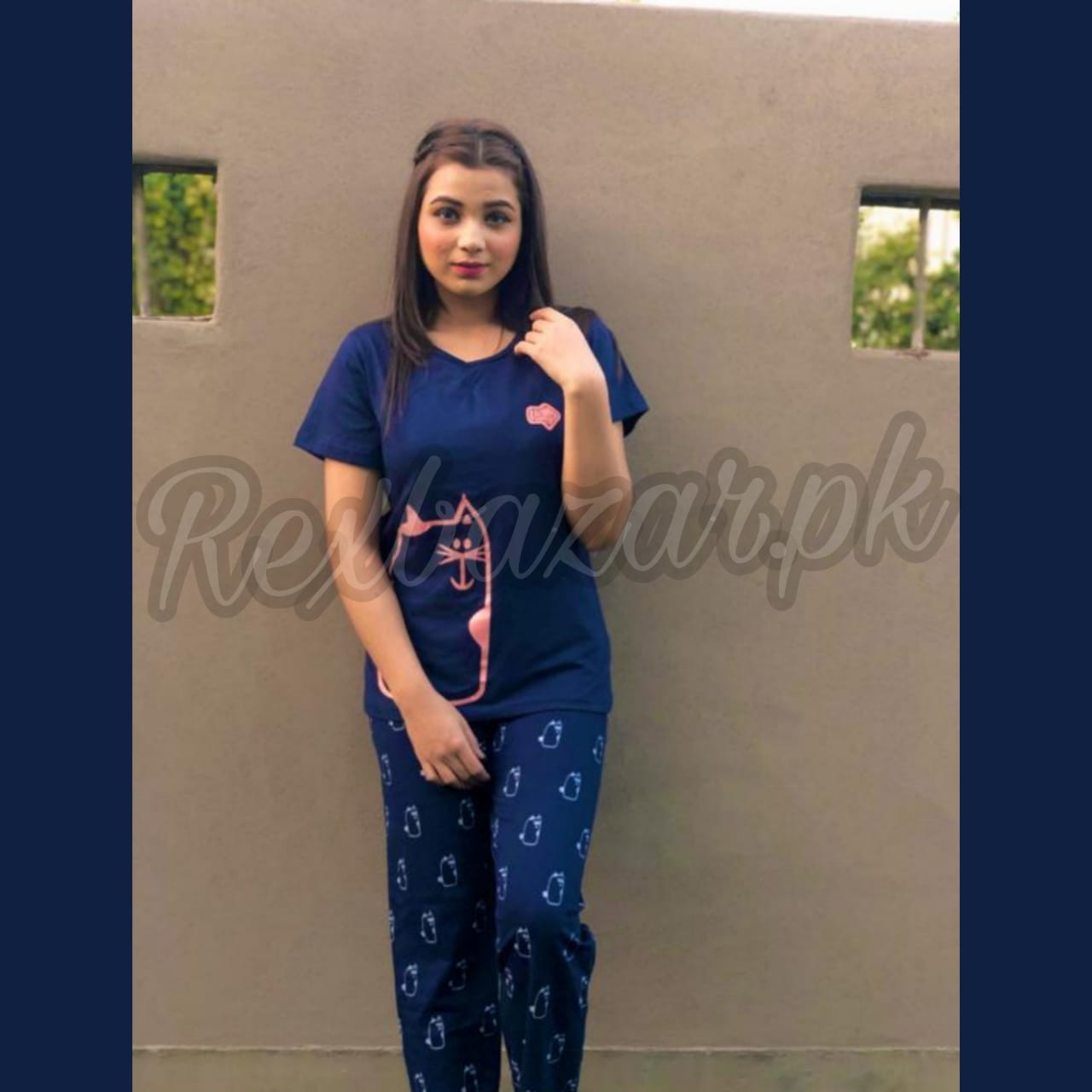 Navy Blue with Pink Cat print Half Sleeves Night Suit for her (RX-19)