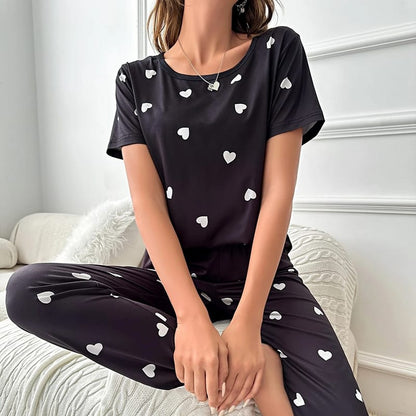 Black With White Hearts Print Half Sleeves T-shirt And Trouser Suit (RX-44)