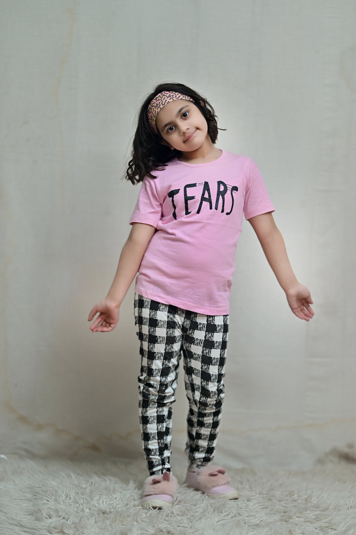 Baby Or Baba Pink Tears Print Half Sleeves T-shirt With Check Printed Pajama Night Suit for Kids (1 Pcs) (RX-177)