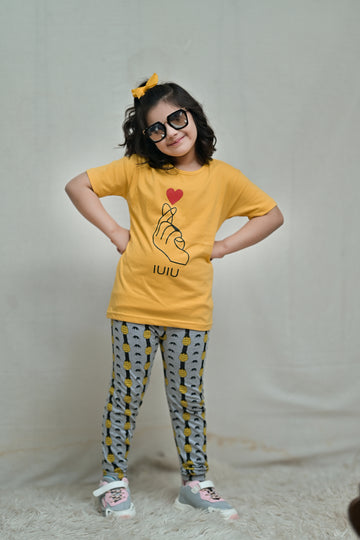 Baby Or Baba Yellow Hand Print Half Sleeves T-shirt With Pineapple Printed Pajama Night Suit for Kids (1 Pcs) (RX-176)