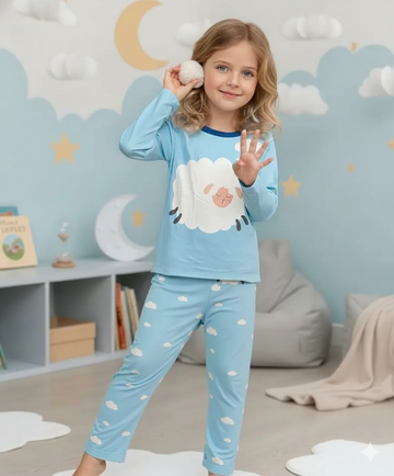 Light Blue With White Sheep Printed Kids Night Suit (RX-366)