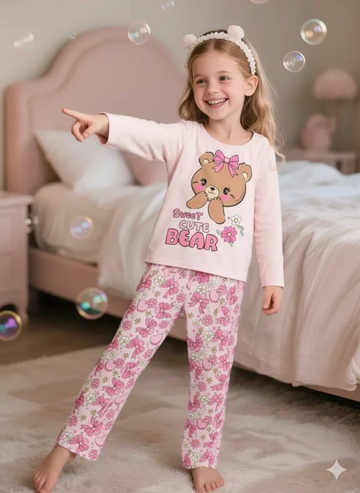 Pink Sweet Cute Bear Printed Kids Night Suit (RX-364)
