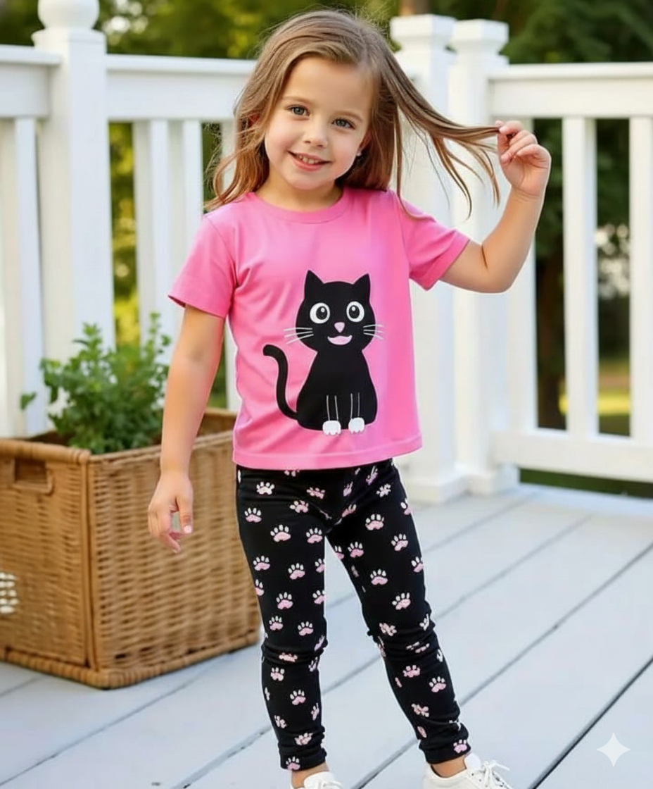 Pink With Black Cat Printed Half Sleeves T-shirt With Black and White Dotted Pajama Kids Night Suit (RX-362)
