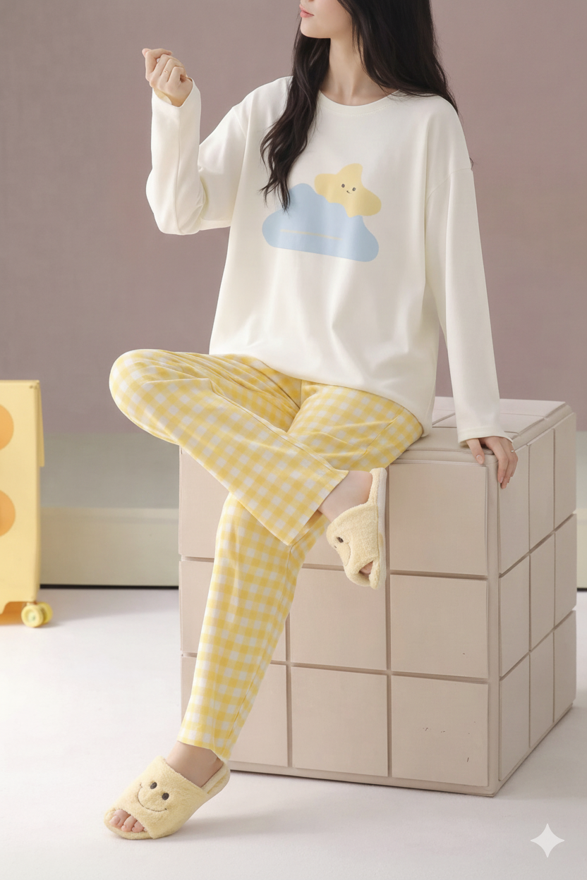 White With Clound And Star Print Full Sleeves Night Suit (RX-380)