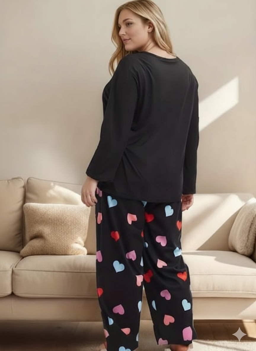 Black Multi Hearts Print Full Sleeves Night Suit (RX-379)