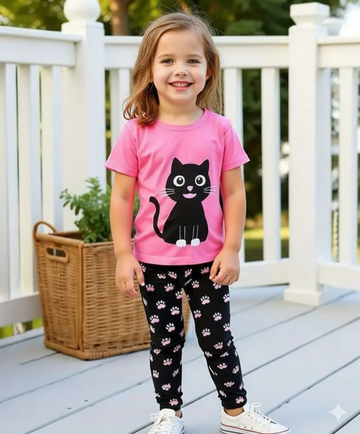 Pink With Black Cat Printed Half Sleeves T-shirt With Black and White Dotted Pajama Kids Night Suit (RX-362)