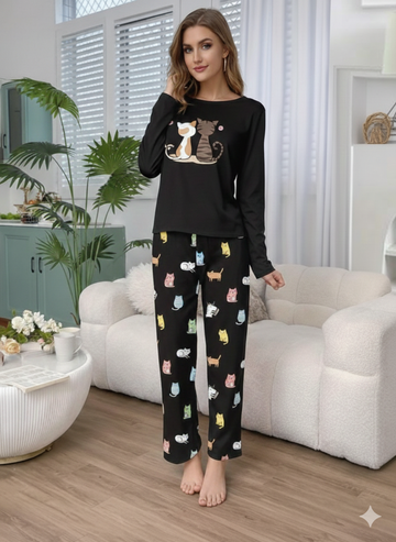 Black Cats Print Full Sleeves Night Suit (RX-381)
