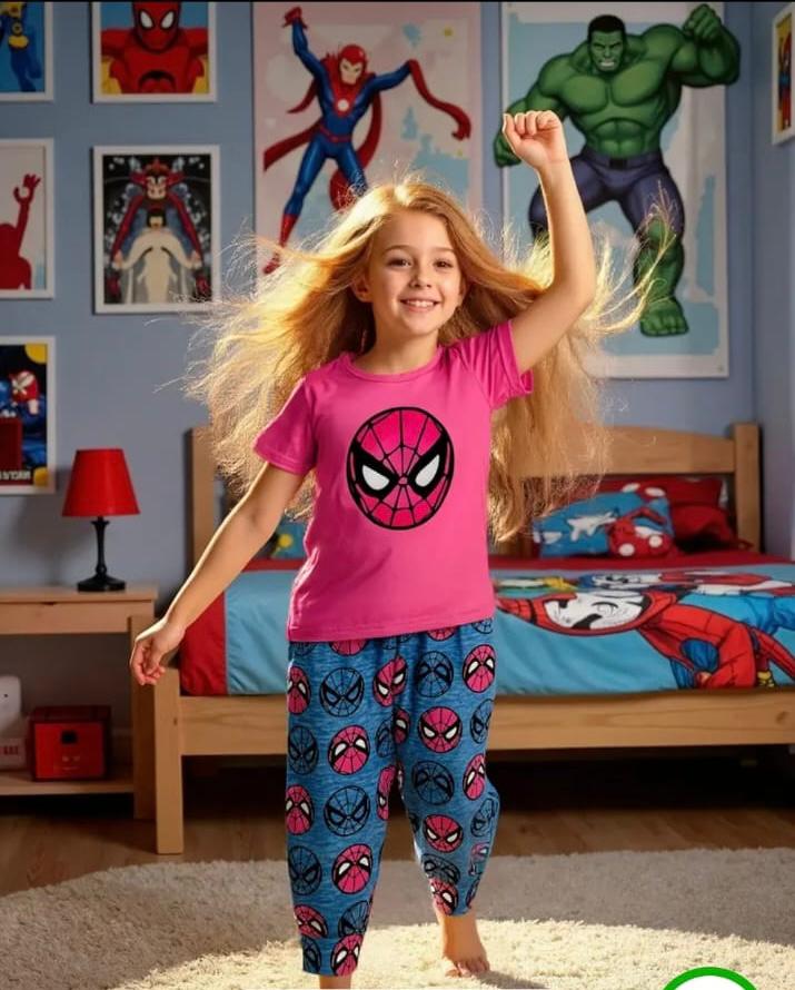 Pink Spider Girl Printed Kids Night Suit (RX-365)