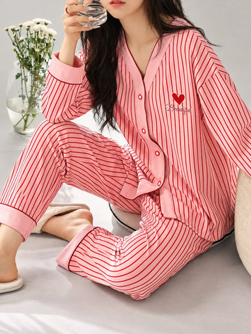 Pink And Red Lining Heart Button Style Pj Set For Her (RX-620)