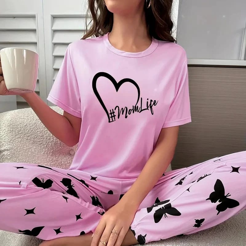Pink Mom Life Printed Half Sleeves T-shirt With Printed Trouser Suit (RX-45)