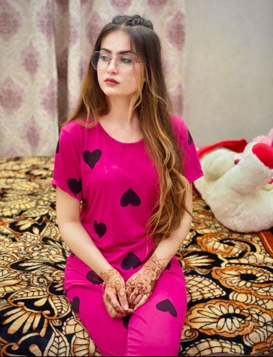 Shocking Pink With Black Big Heart print Half Sleeves Night Suit for her (RX-154)