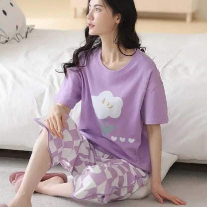 Purple Flower Print Half Sleeves T-shirt With Printed Trouser Suit (RX-195)