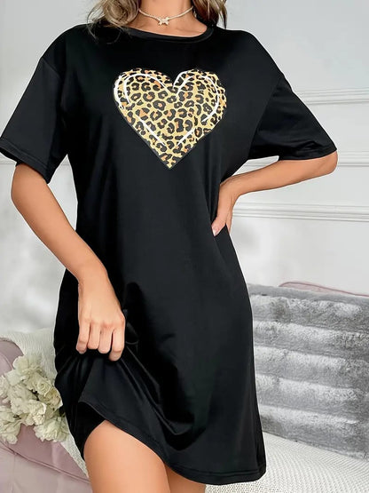 Black With Cheetah Heart Print Long Shirt For Women (RX-217)